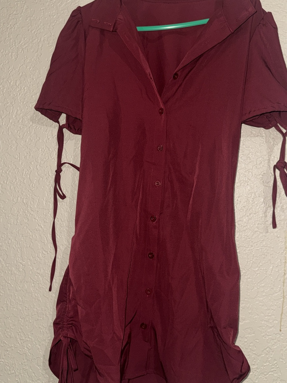 Women's Maroon Button-Front Short Sleeve Shirt Dress - Picture 8 of 9